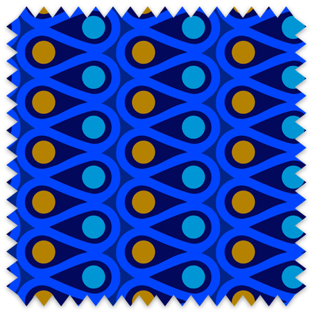 The artwork features a repetitive geometric pattern with curved, blue shapes creating loops that flow in symmetrical vertical columns. Inside the loops, there are solid circular shapes alternating between orange and pale blue. The black background accentuates the vivid colors and clean lines of the design. The overall composition is balanced with a modern, vibrant aesthetic.